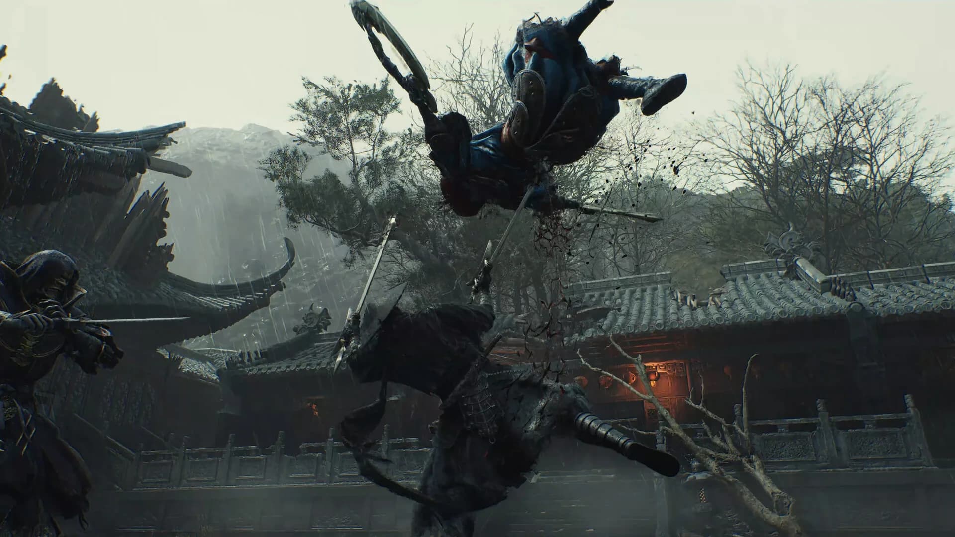 A fighter launching an armored enemy into the air in a temple courtyard