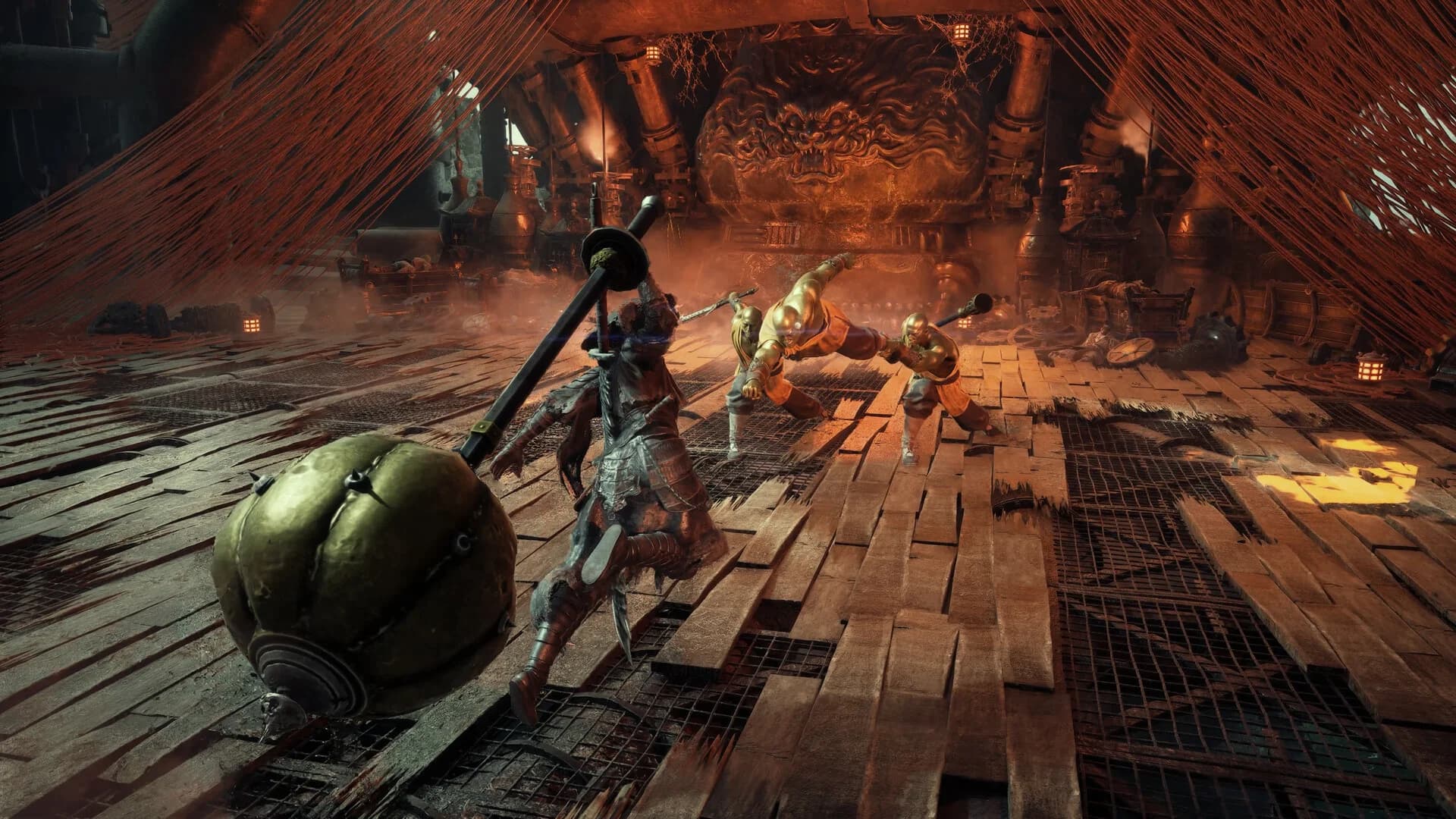 A warrior swinging a heavy weapon toward several enemies inside a red-lit hall