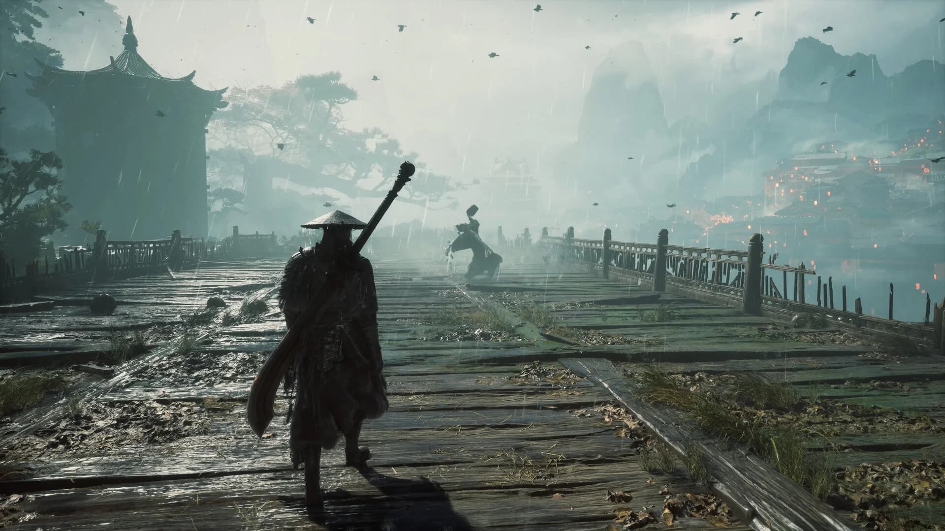 A warrior approaching enemies across a rain-soaked mountain bridge
