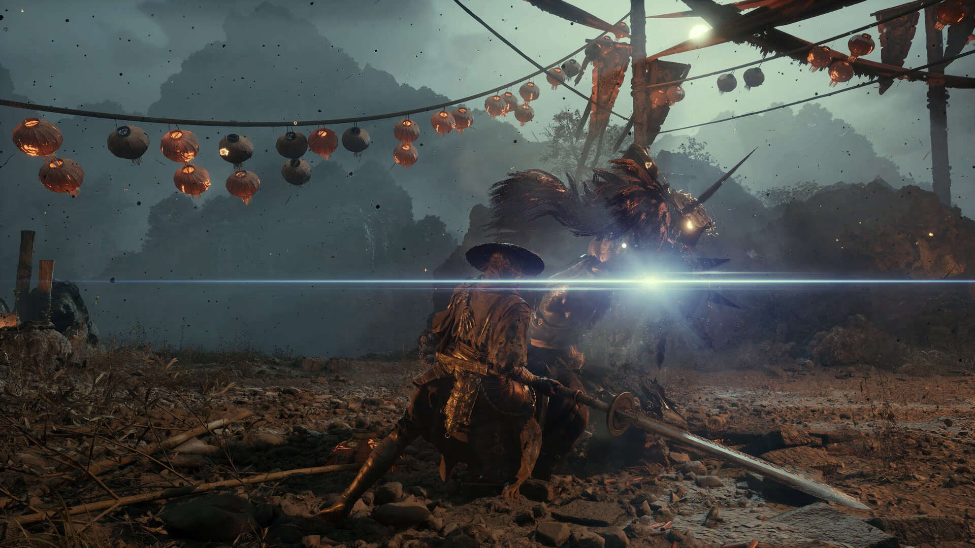 Soul and an enemy warrior locked in a bladed exchange, blue sparks bursting where their weapons meet