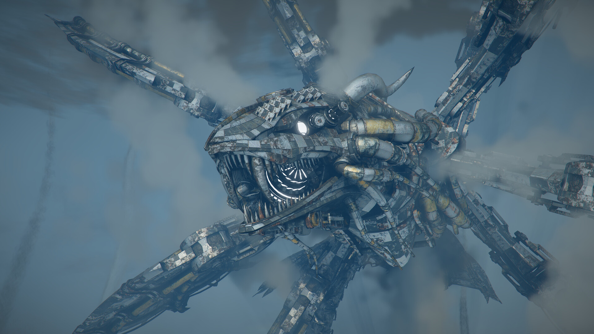 Official Steam store screenshot from Crimson Desert Enhanced: Charting the Unknown: a giant mechanical enemy covered in rusted armor plating, with a glowing circular component, looming in thick fog