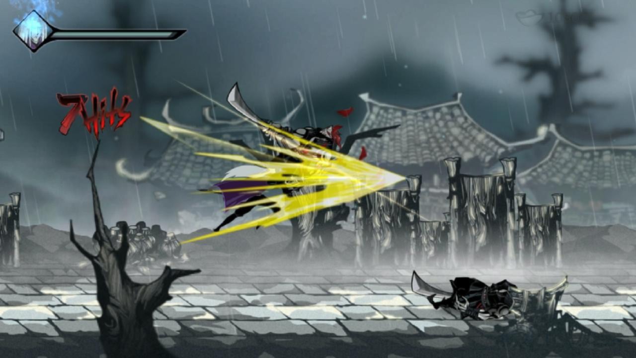 Side-scrolling combat in Rainblood Chronicles: Mirage — a character leaps through the rain mid-slash, with a combo counter on the left.