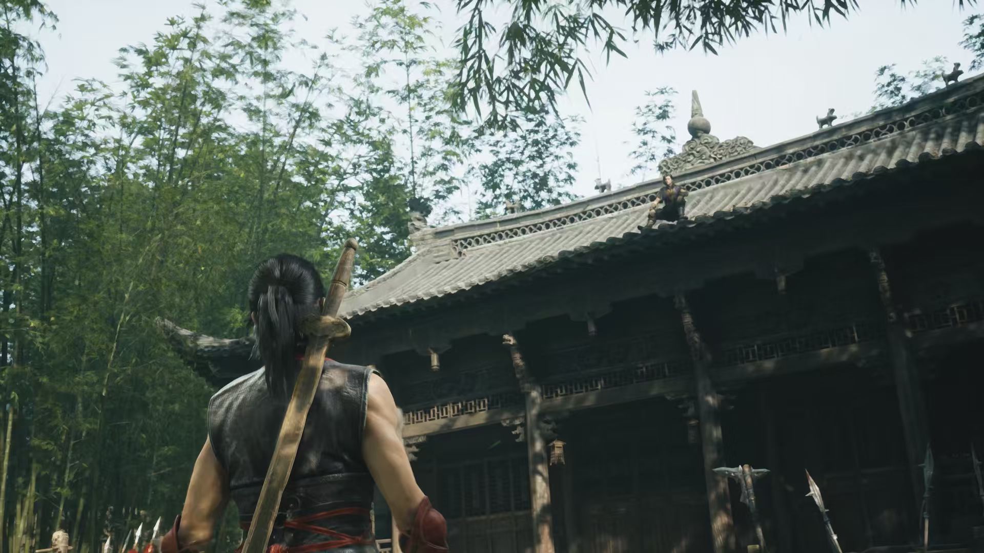 Soul, sword on his back, faces a traditional Chinese courtyard as an armed figure crouches on the tiled roof watching him