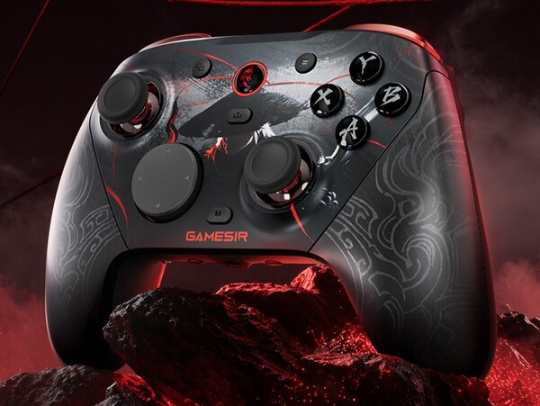 Official render of the GameSir G7 Pro 8K PC Phantom Blade Zero Edition controller showing the faceplate artwork and red glowing lines