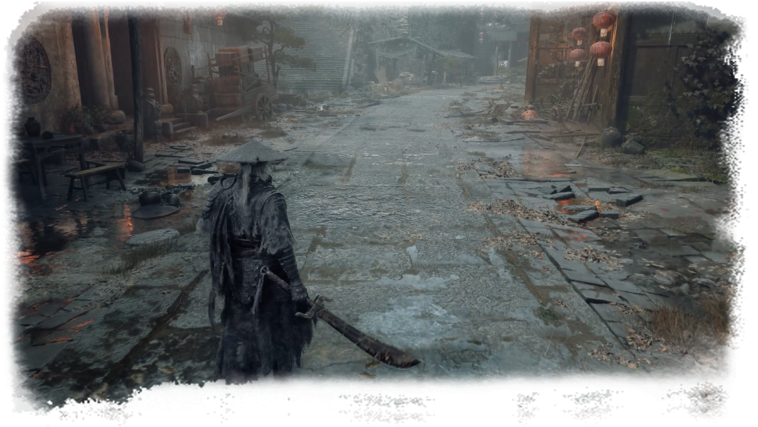 A sword-bearing figure in a broad hat stands on Pangzhen's rain-soaked stone street, between lanterns, wooden carts, and old buildings