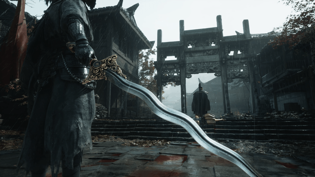 In a rain-soaked courtyard, Soul holds a curved blade facing a dark-robed warrior beneath a stone memorial arch, blood staining the stone slabs