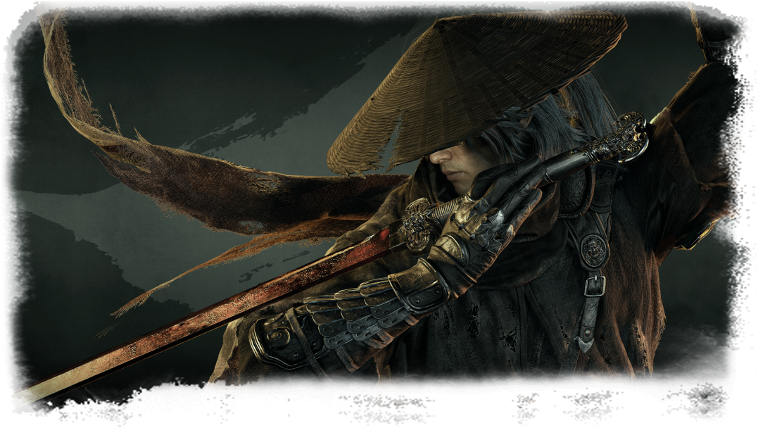 Official Phantom Blade Zero key art of Soul in a wide-brimmed hat, hand resting on a drawn Chinese longsword with ornate metal fittings